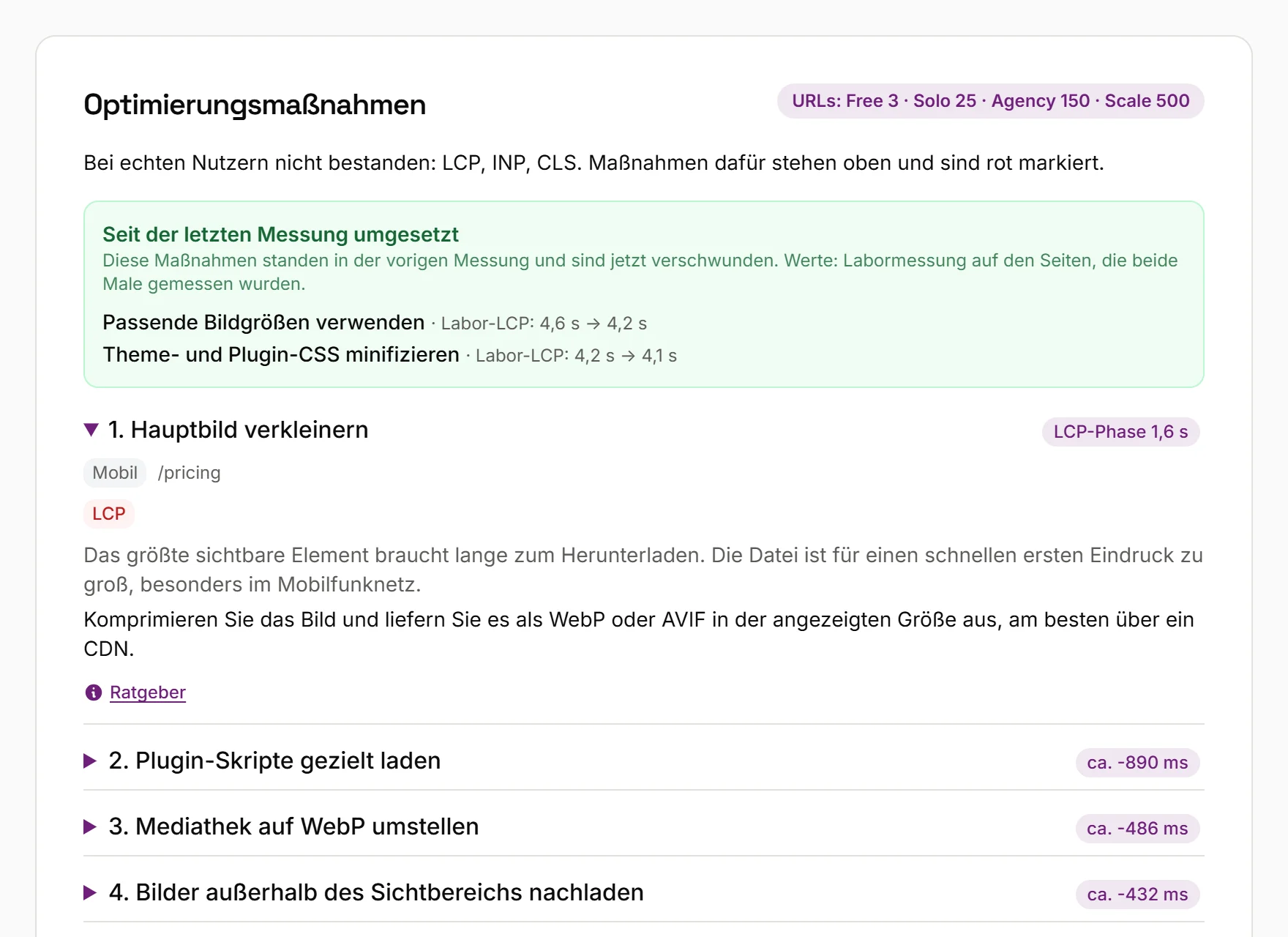 Website Speed Test Report von PerfDelta: Abschnitt „Optimierungsmaßnahmen“ im Pagespeed-Test
