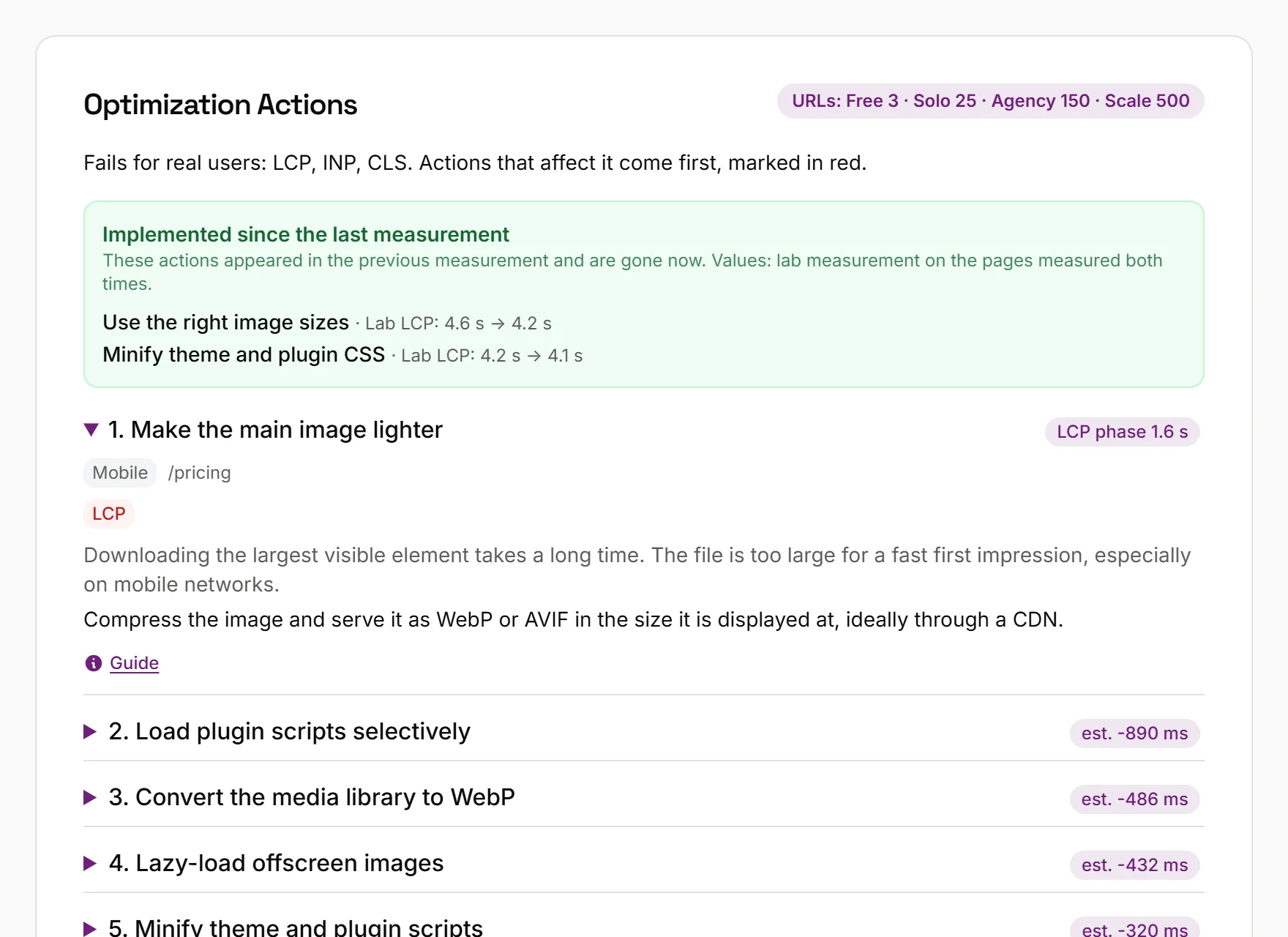 Website speed test report by PerfDelta: the “Optimization Actions” section of a page speed test