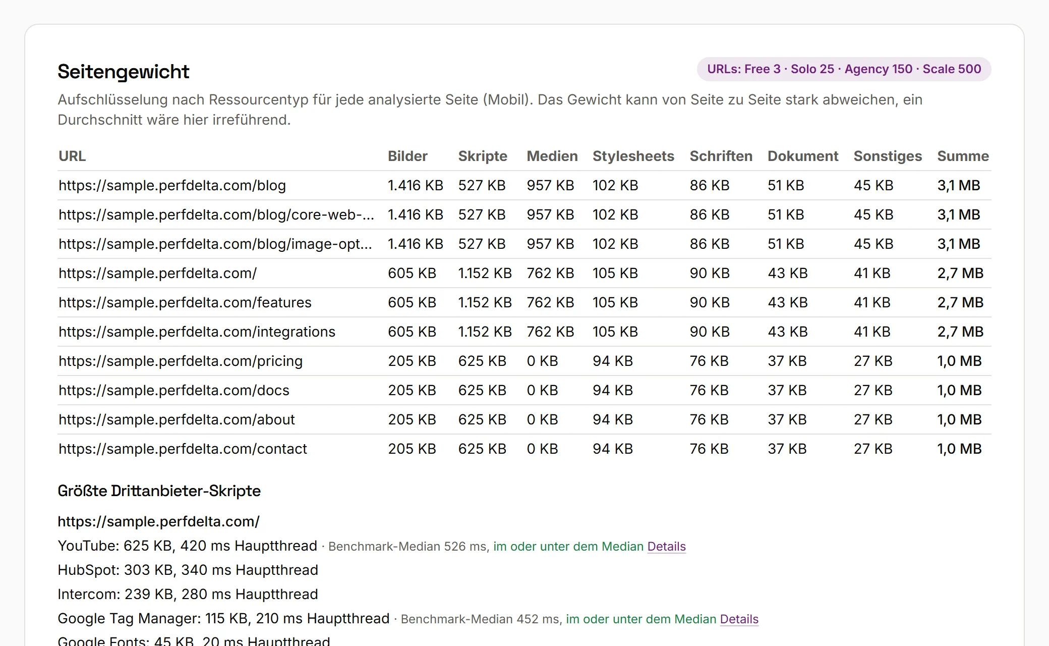 Website Speed Test Report von PerfDelta: Abschnitt „Seitengewicht“ im Pagespeed-Test